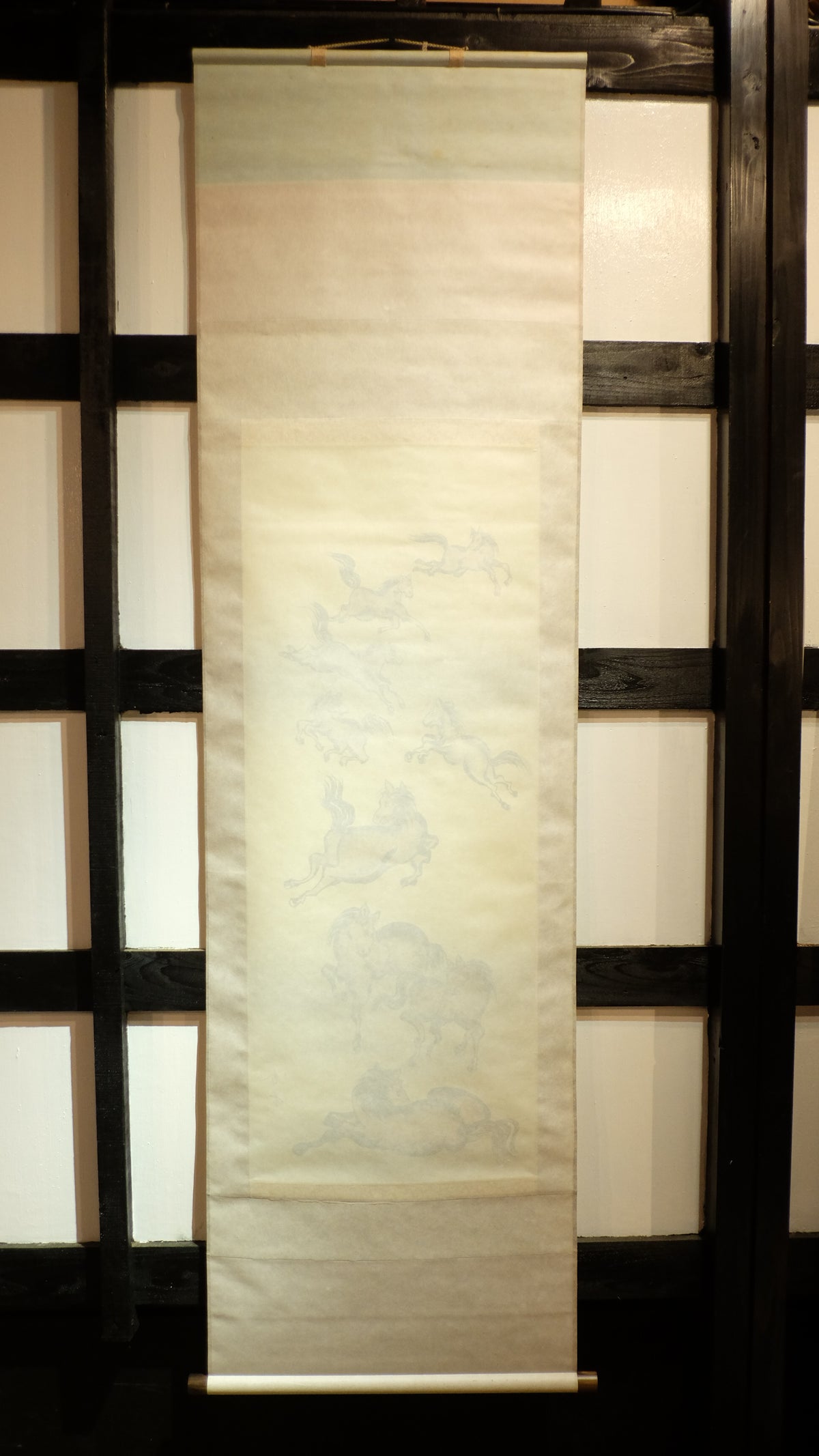 Vintage Japanese Kakejiku Scroll – Galloping Nine Horses for Power, Success & Luck – Asian Art Decor with Feng Shui Symbolism