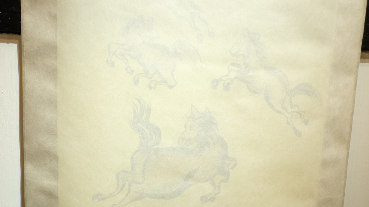 Vintage Japanese Kakejiku Scroll – Galloping Nine Horses for Power, Success & Luck – Asian Art Decor with Feng Shui Symbolism