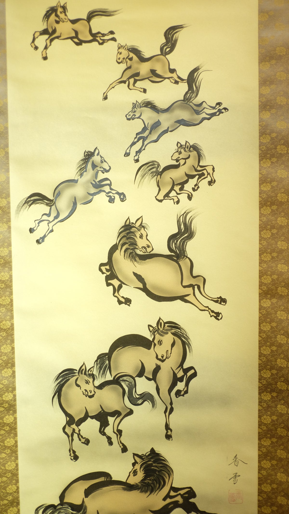 Vintage Japanese Kakejiku Scroll – Galloping Nine Horses for Power, Success & Luck – Asian Art Decor with Feng Shui Symbolism