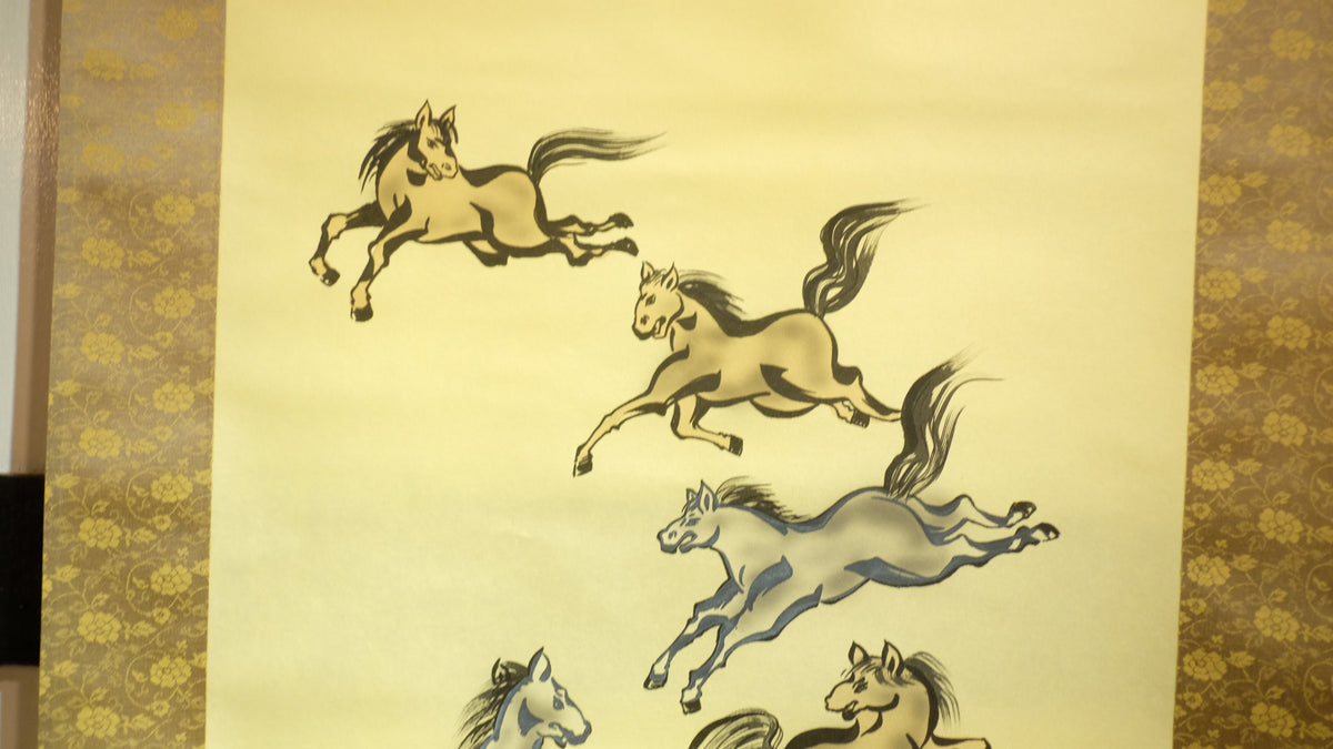Vintage Japanese Kakejiku Scroll – Galloping Nine Horses for Power, Success & Luck – Asian Art Decor with Feng Shui Symbolism