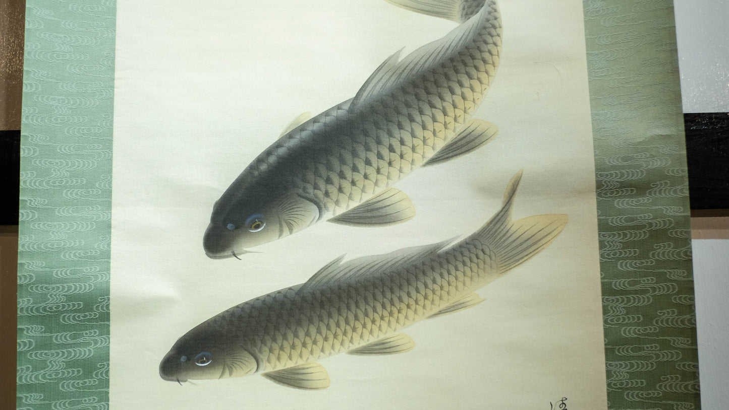 Vintage Japanese Koi Fish Hanging Scroll, Signed Kakejiku with Three Carp, Gold and Black Koi Art, Traditional Wall Decor with Box
