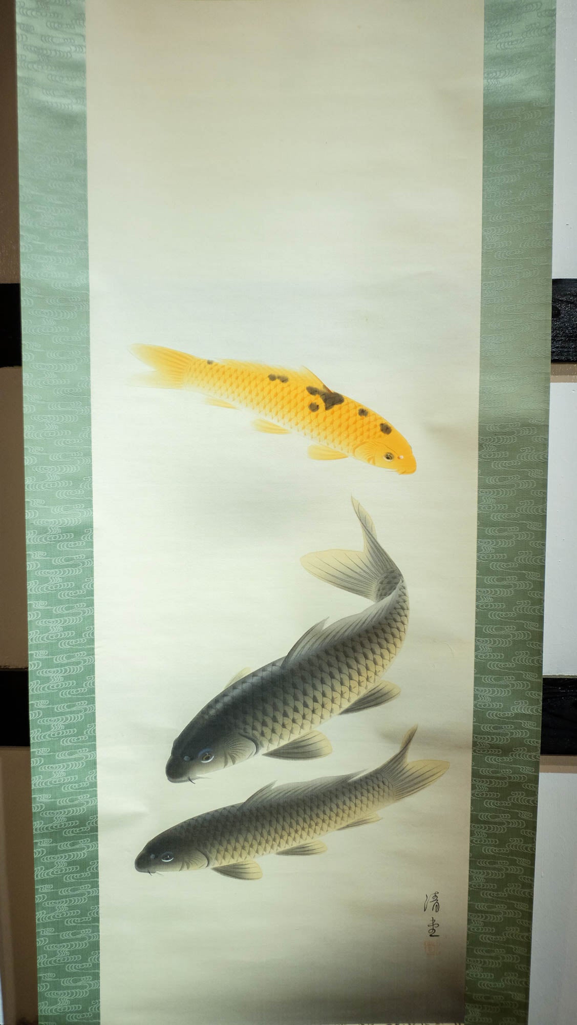 Vintage Japanese Koi Fish Hanging Scroll, Signed Kakejiku with Three Carp, Gold and Black Koi Art, Traditional Wall Decor with Box