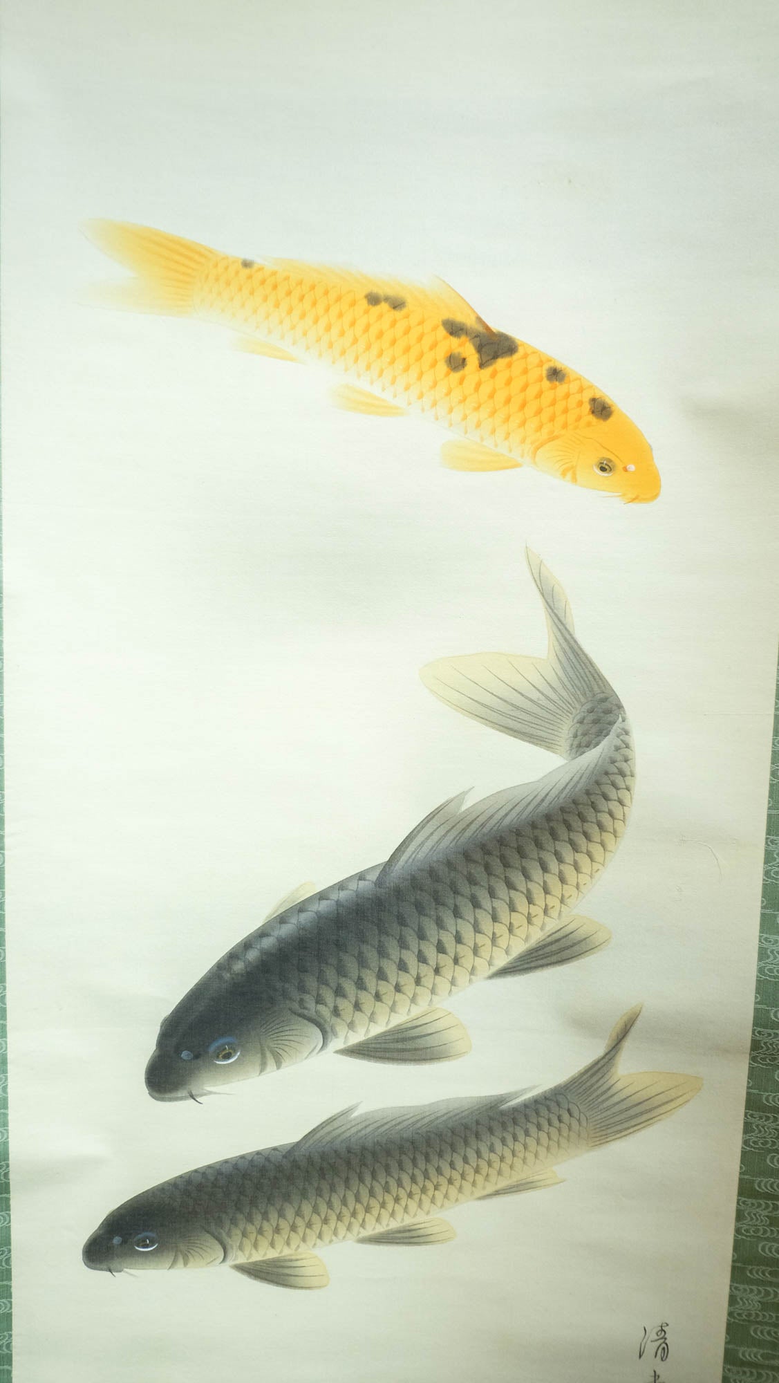 Vintage Japanese Koi Fish Hanging Scroll, Signed Kakejiku with Three Carp, Gold and Black Koi Art, Traditional Wall Decor with Box