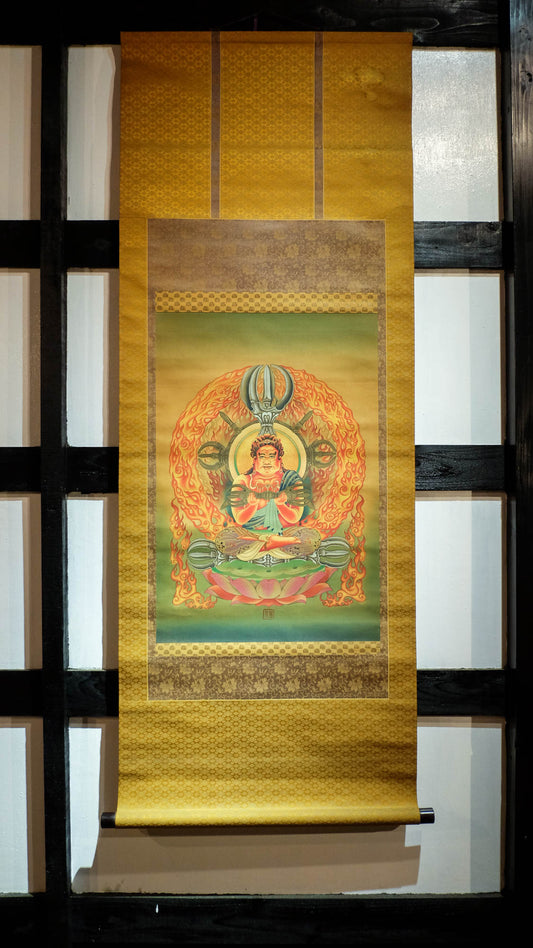 Vintage Japanese Aizen Myōō Scroll | Rāgarāja Wisdom King Buddhist Painting | Shingon Esoteric Temple Art Kakejiku