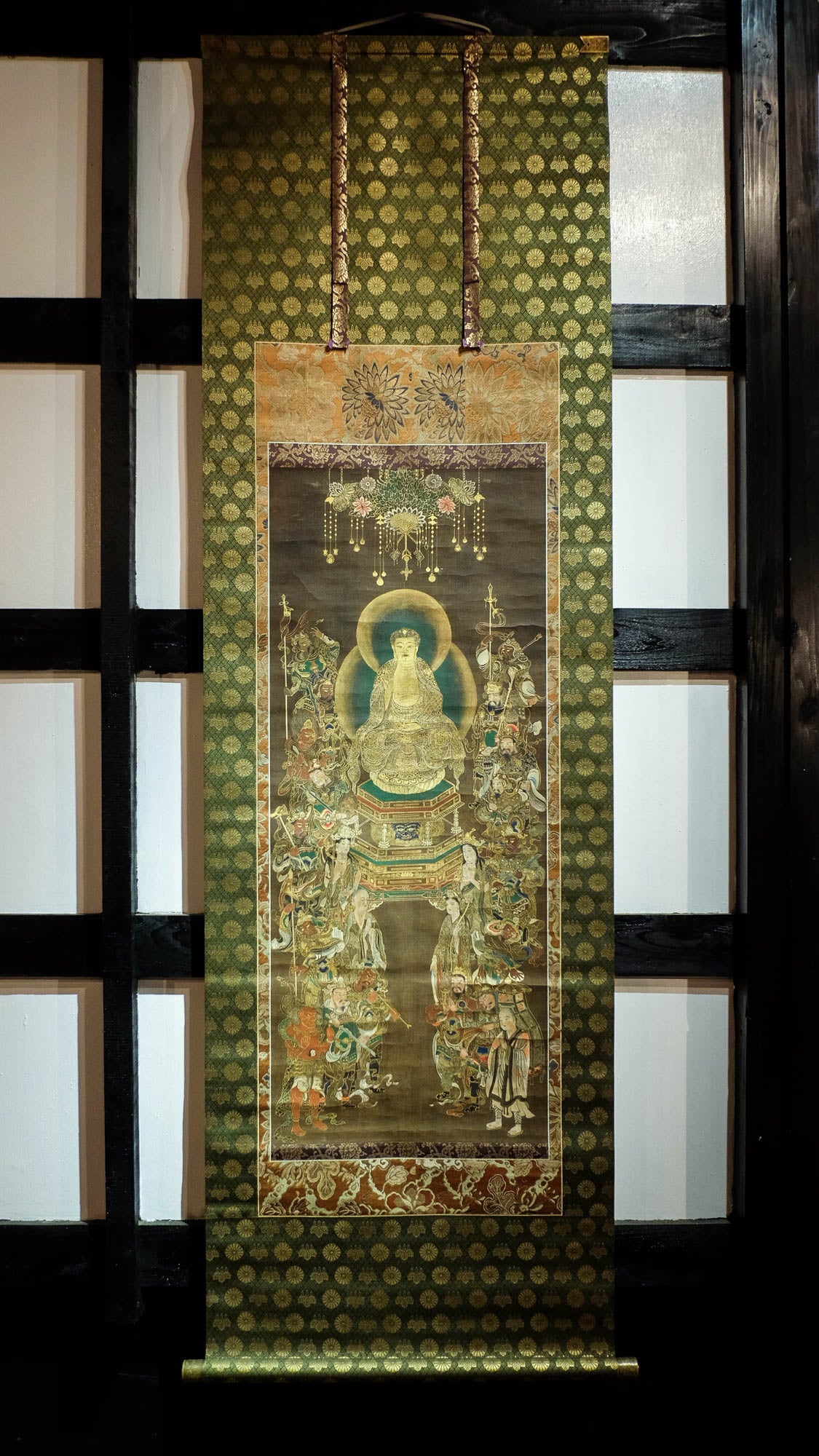 Exquisite Rare Antique Japanese Hanging Scroll of Amida Nyorai Buddha w/ Celestial Court Gold Brocade – Edo Meiji Era Buddhist Buddhism Art