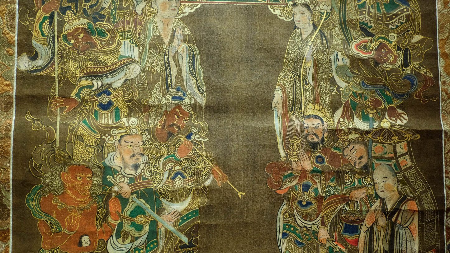 Exquisite Rare Antique Japanese Hanging Scroll of Amida Nyorai Buddha w/ Celestial Court Gold Brocade – Edo Meiji Era Buddhist Buddhism Art