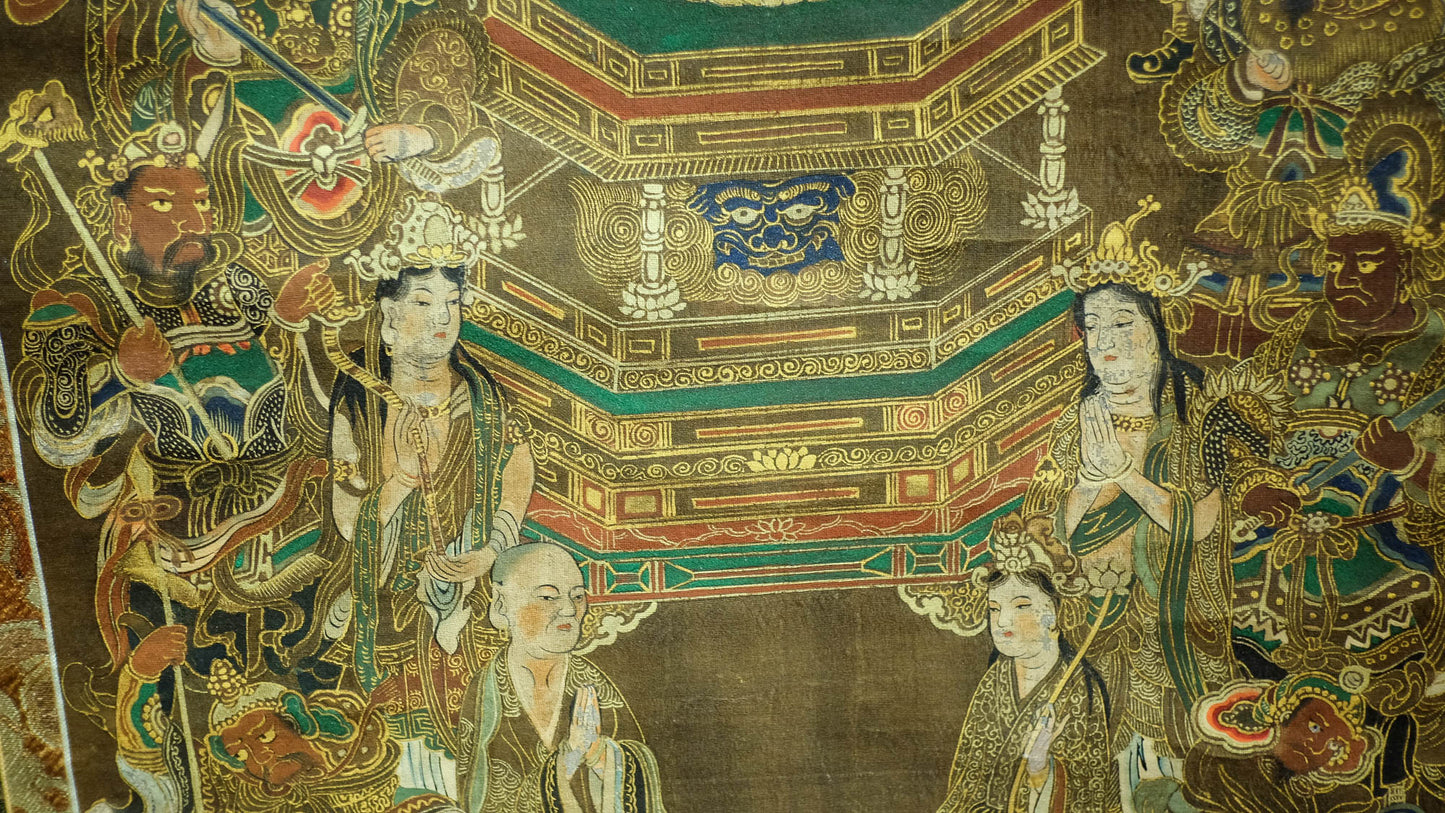 Exquisite Rare Antique Japanese Hanging Scroll of Amida Nyorai Buddha w/ Celestial Court Gold Brocade – Edo Meiji Era Buddhist Buddhism Art