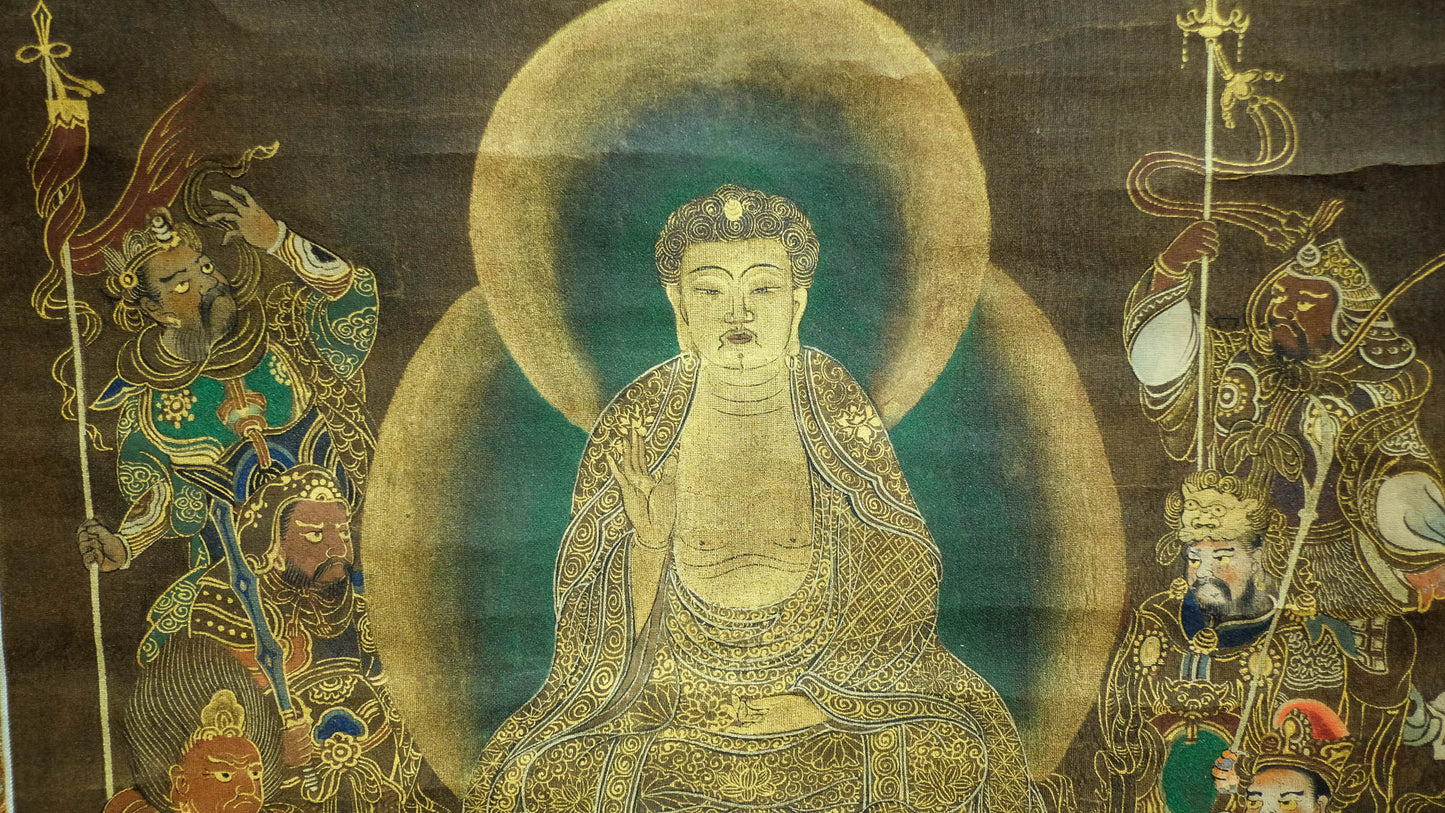 Exquisite Rare Antique Japanese Hanging Scroll of Amida Nyorai Buddha w/ Celestial Court Gold Brocade – Edo Meiji Era Buddhist Buddhism Art