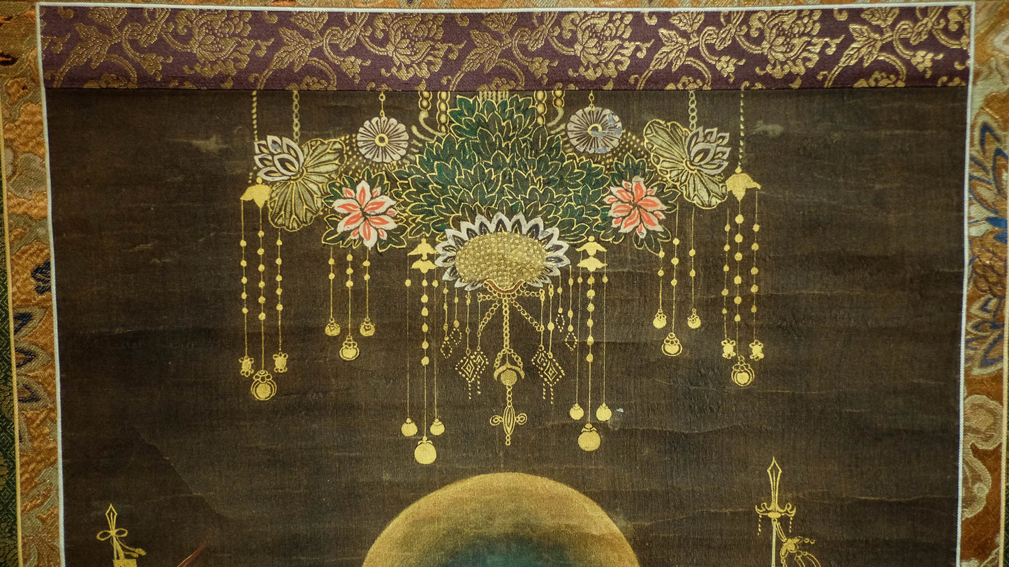 Exquisite Rare Antique Japanese Hanging Scroll of Amida Nyorai Buddha w/ Celestial Court Gold Brocade – Edo Meiji Era Buddhist Buddhism Art