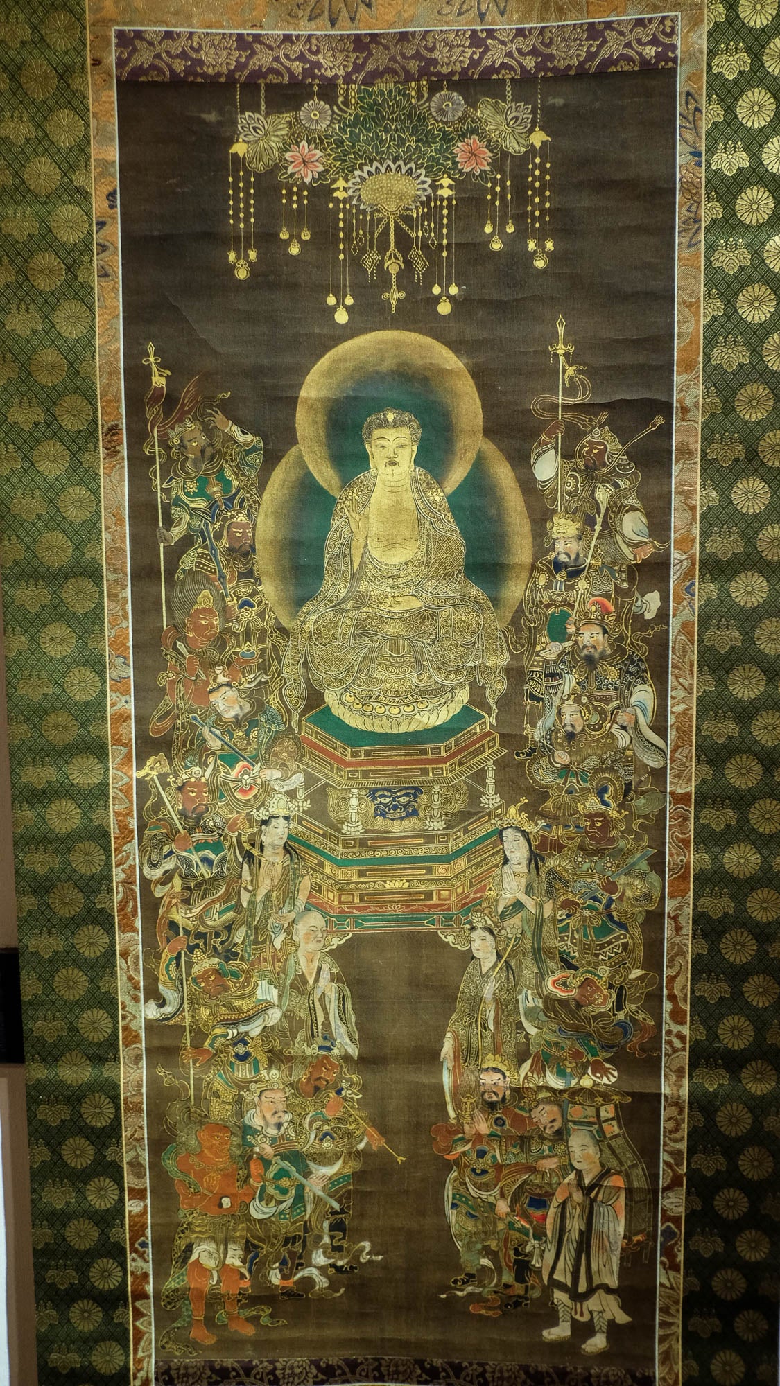 Exquisite Rare Antique Japanese Hanging Scroll of Amida Nyorai Buddha w/ Celestial Court Gold Brocade – Edo Meiji Era Buddhist Buddhism Art