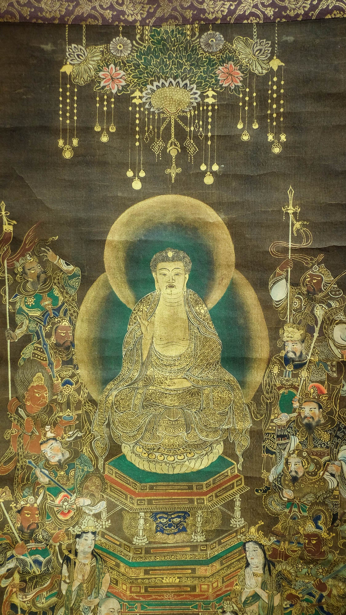 Exquisite Rare Antique Japanese Hanging Scroll of Amida Nyorai Buddha w/ Celestial Court Gold Brocade – Edo Meiji Era Buddhist Buddhism Art