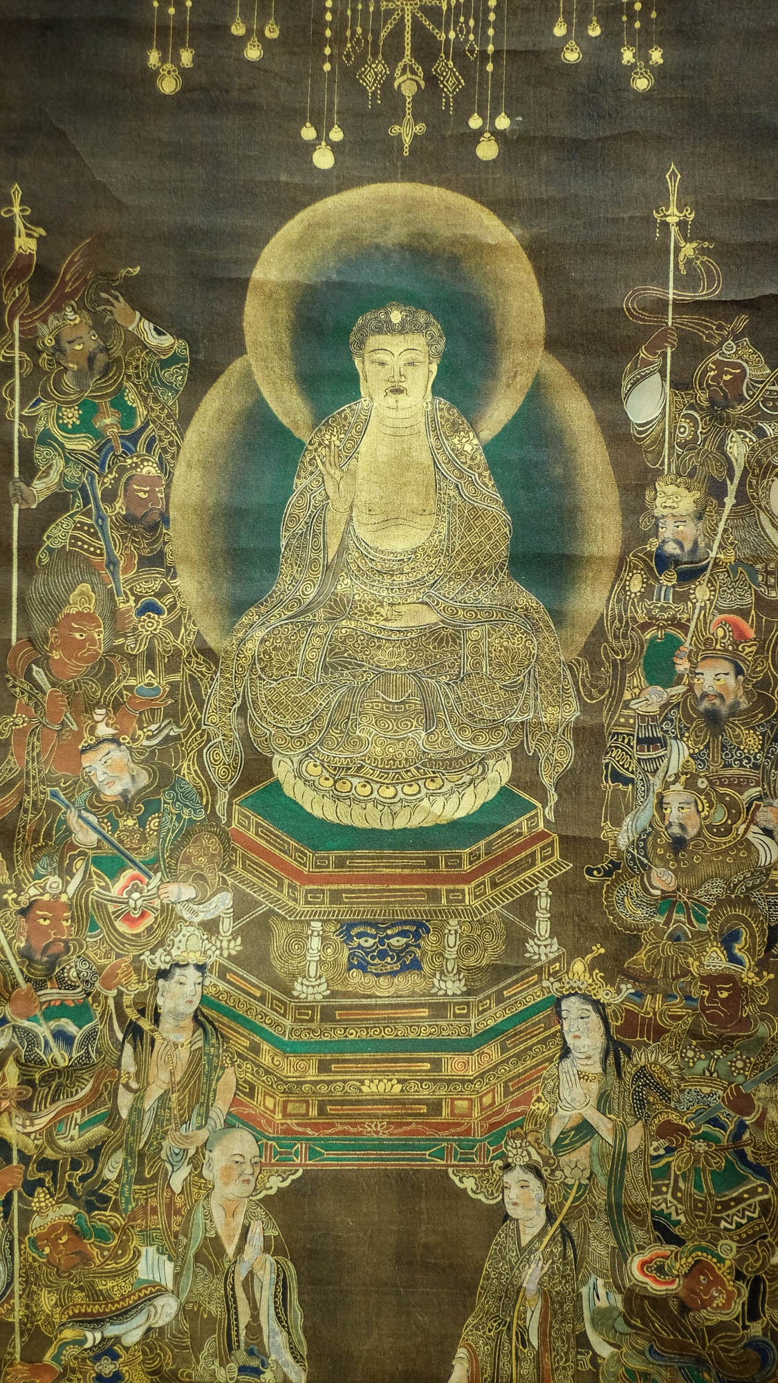 Exquisite Rare Antique Japanese Hanging Scroll of Amida Nyorai Buddha w/ Celestial Court Gold Brocade – Edo Meiji Era Buddhist Buddhism Art