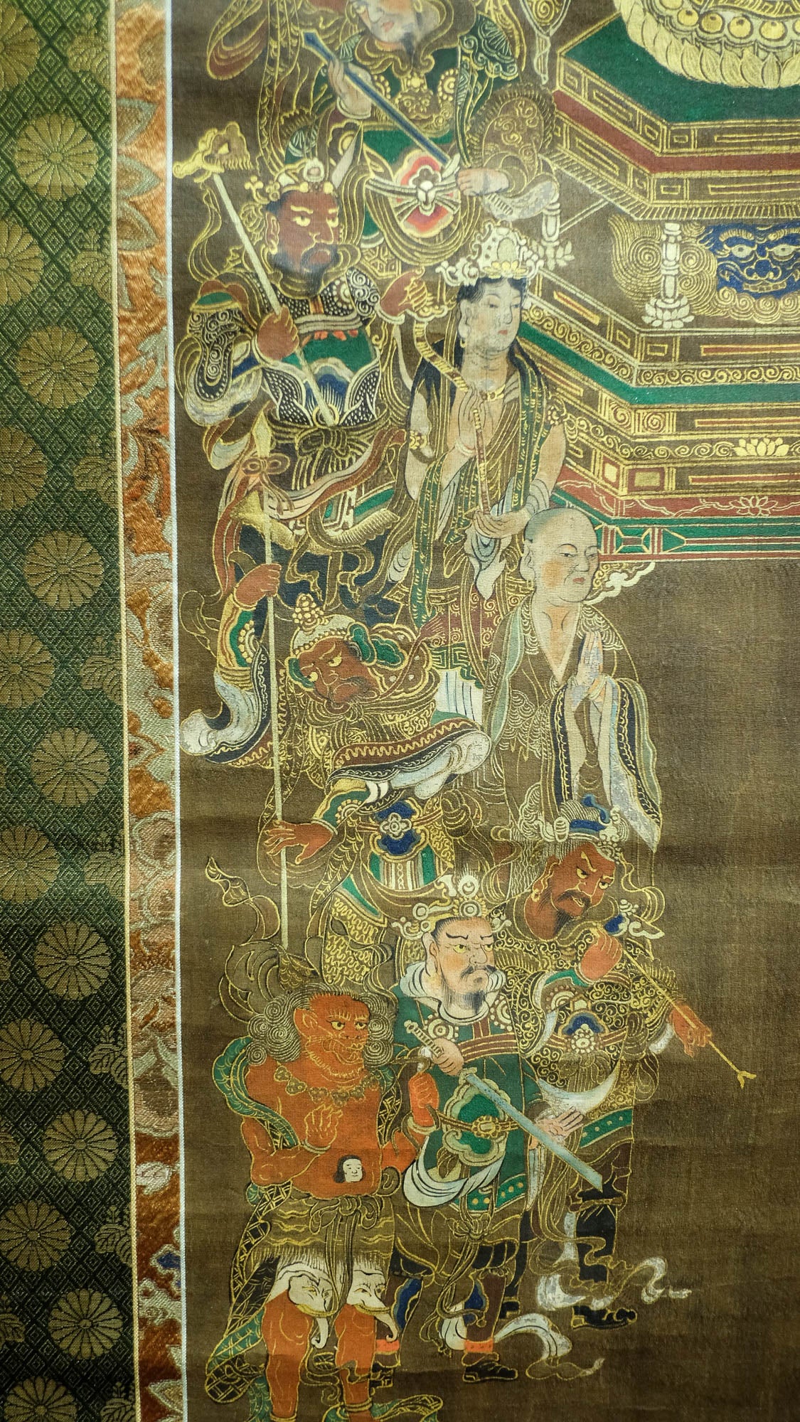 Exquisite Rare Antique Japanese Hanging Scroll of Amida Nyorai Buddha w/ Celestial Court Gold Brocade – Edo Meiji Era Buddhist Buddhism Art