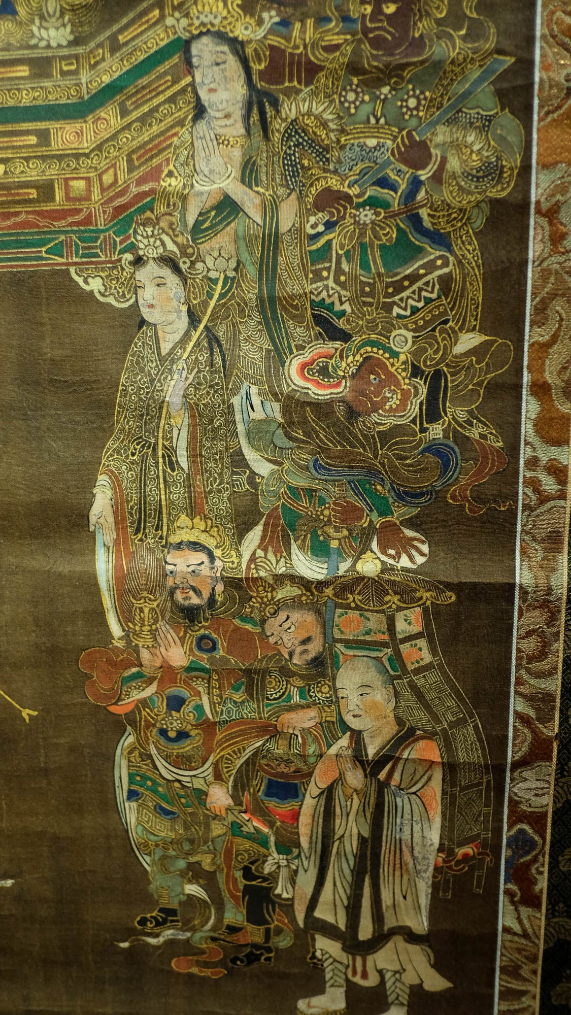 Exquisite Rare Antique Japanese Hanging Scroll of Amida Nyorai Buddha w/ Celestial Court Gold Brocade – Edo Meiji Era Buddhist Buddhism Art