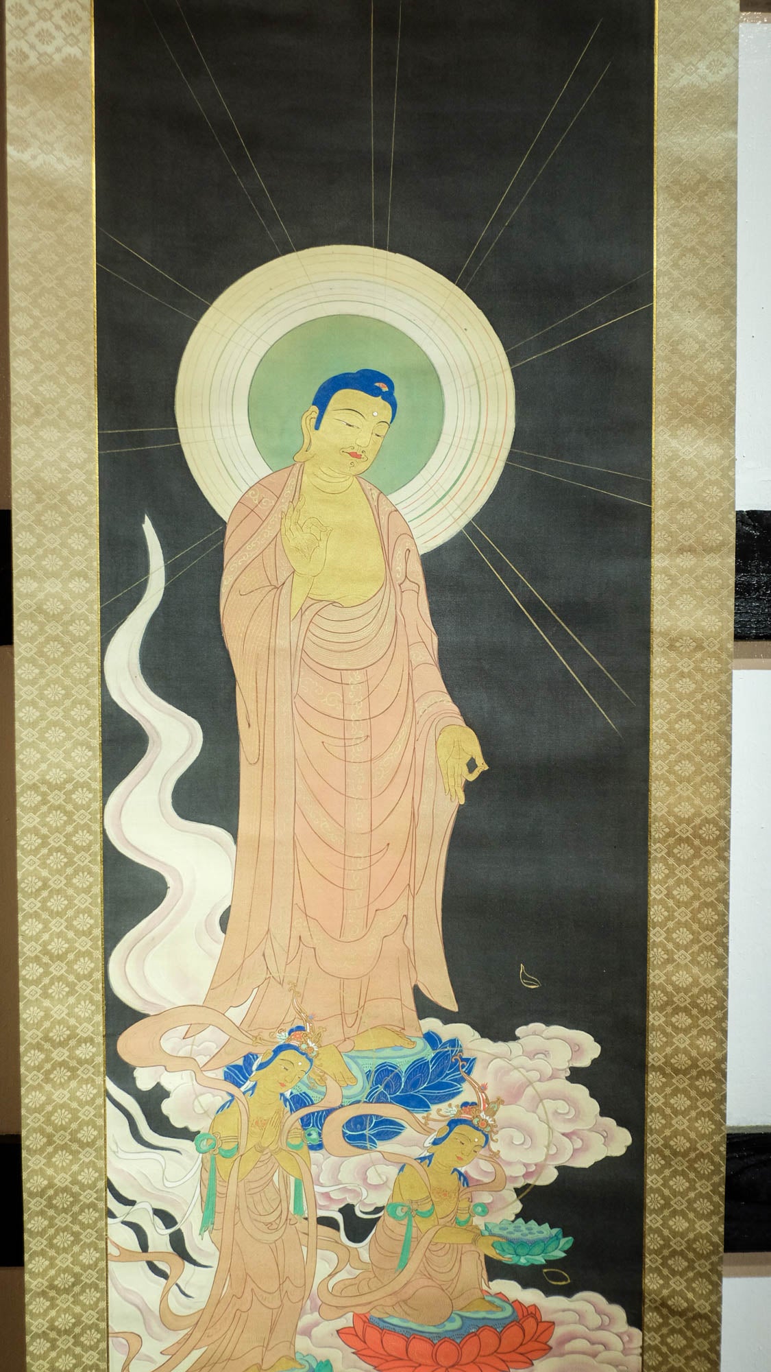 Antique Japanese Amida Buddha Raigo Scroll | Kannon & Seishi Pure Land Kakejiku | Early 20th Century Silk Art