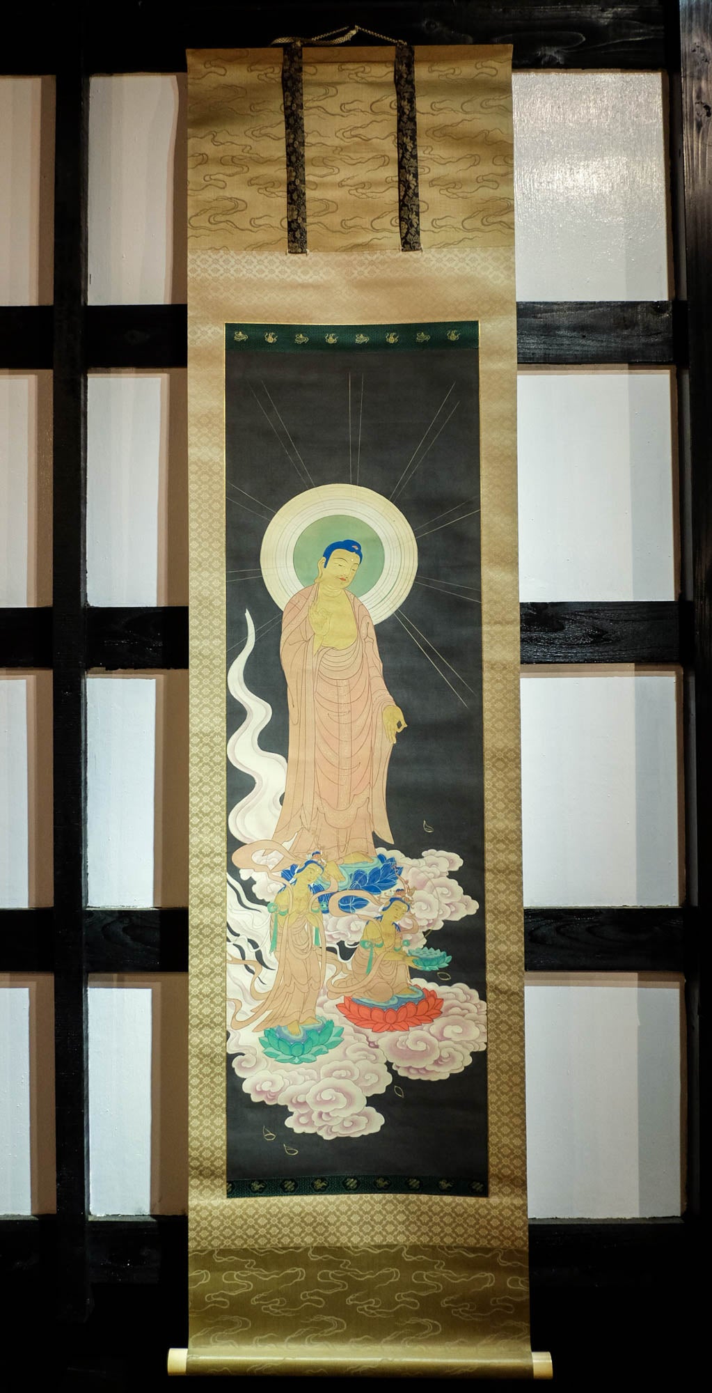 Antique Japanese Amida Buddha Raigo Scroll | Kannon & Seishi Pure Land Kakejiku | Early 20th Century Silk Art