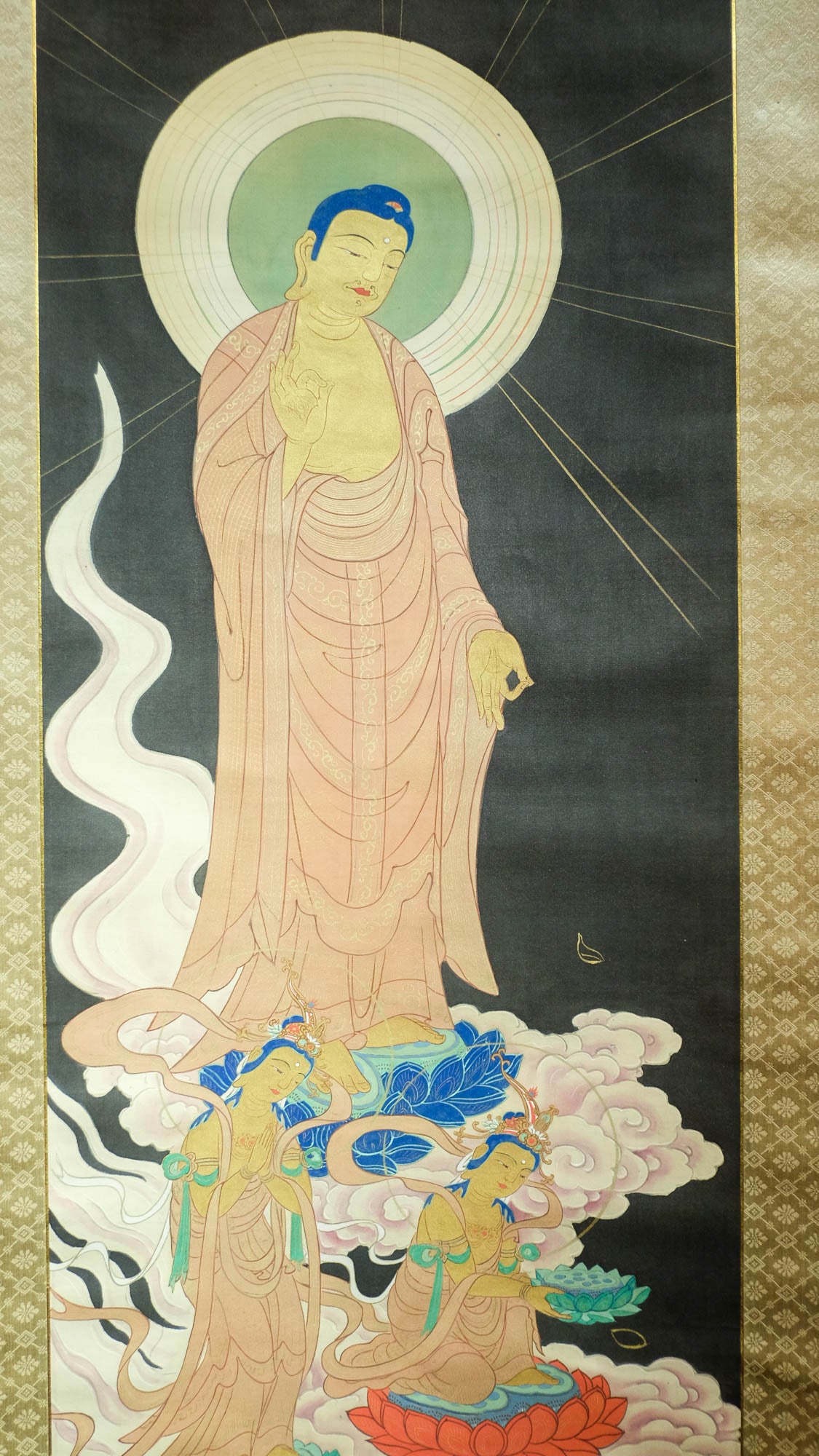 Antique Japanese Amida Buddha Raigo Scroll | Kannon & Seishi Pure Land Kakejiku | Early 20th Century Silk Art