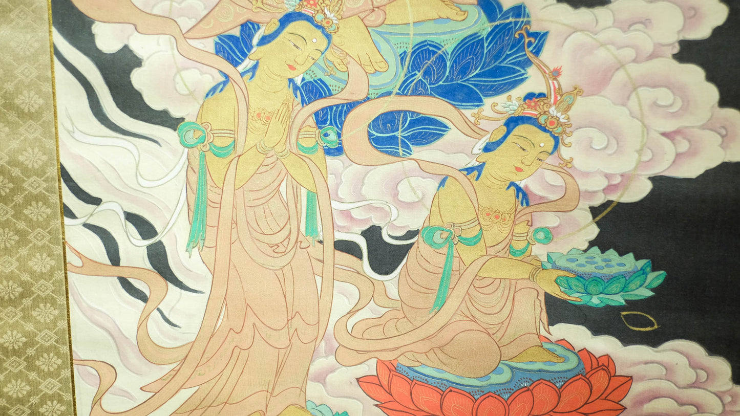 Antique Japanese Amida Buddha Raigo Scroll | Kannon & Seishi Pure Land Kakejiku | Early 20th Century Silk Art