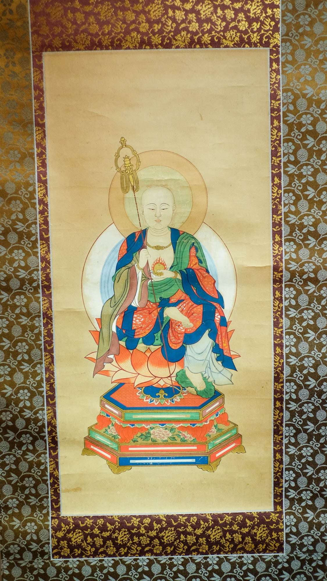 Vintage Japanese Jizō Bosatsu Scroll | Ksitigarbha Bodhisattva Hand Painting | Buddhist Guardian of Children & Travelers | Zen Art