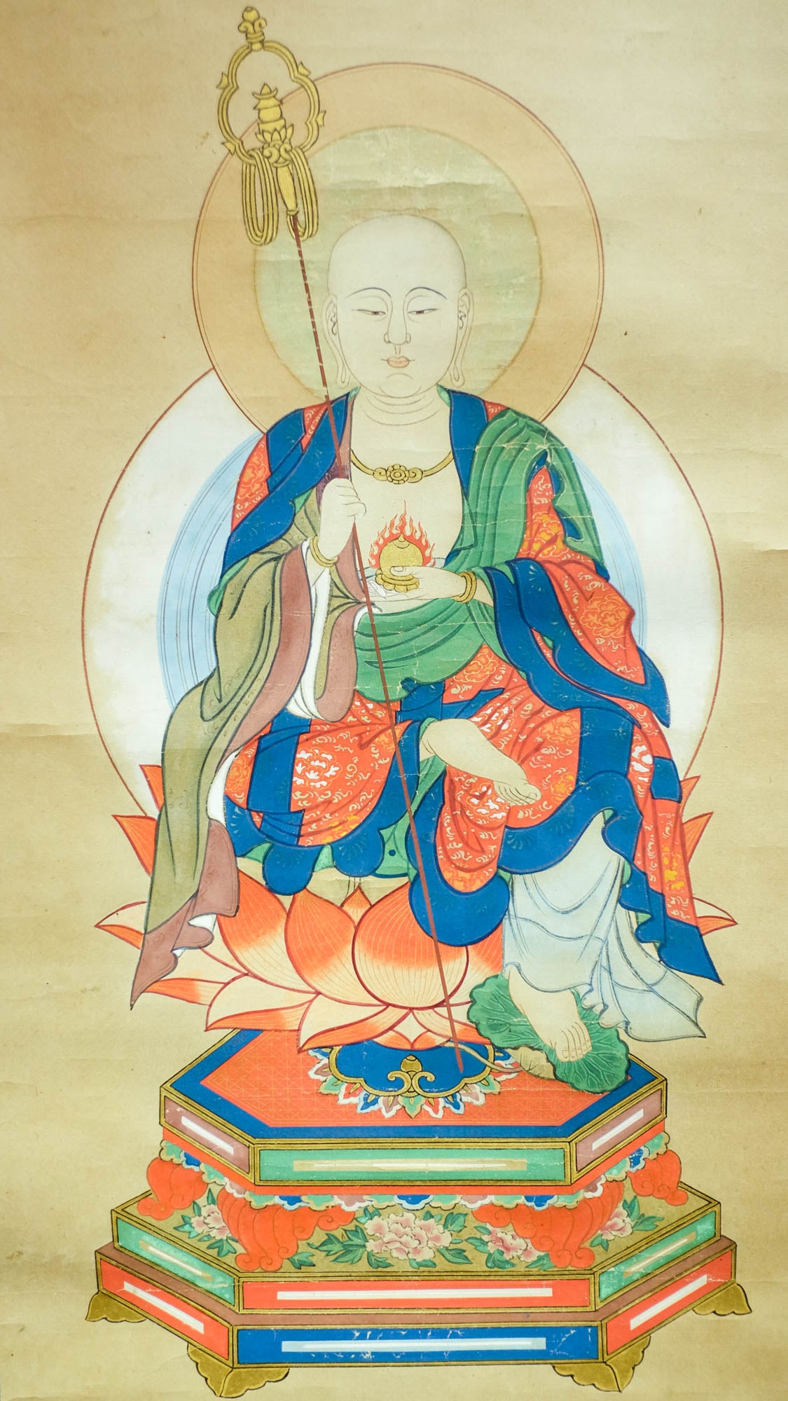 Vintage Japanese Jizō Bosatsu Scroll | Ksitigarbha Bodhisattva Hand Painting | Buddhist Guardian of Children & Travelers | Zen Art