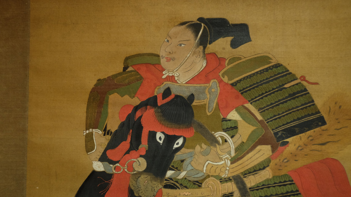 Antique Japanese Samurai Horse Scroll, Signed Tosa-Style Musha-e Painting, Edo Meiji Warrior Kakejiku