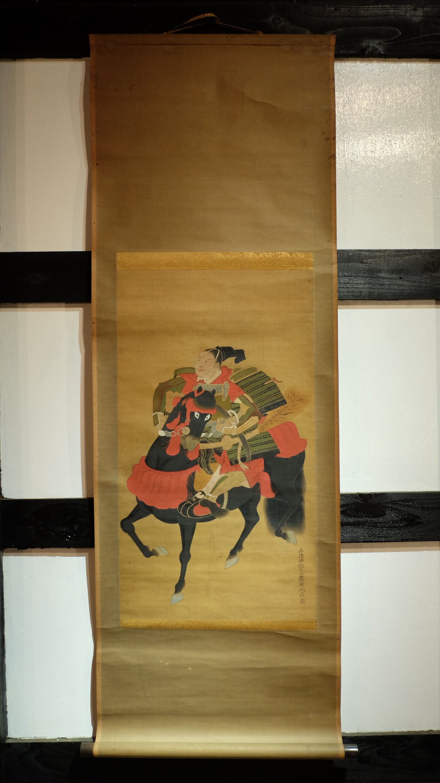Antique Japanese Samurai Horse Scroll, Signed Tosa-Style Musha-e Painting, Edo Meiji Warrior Kakejiku