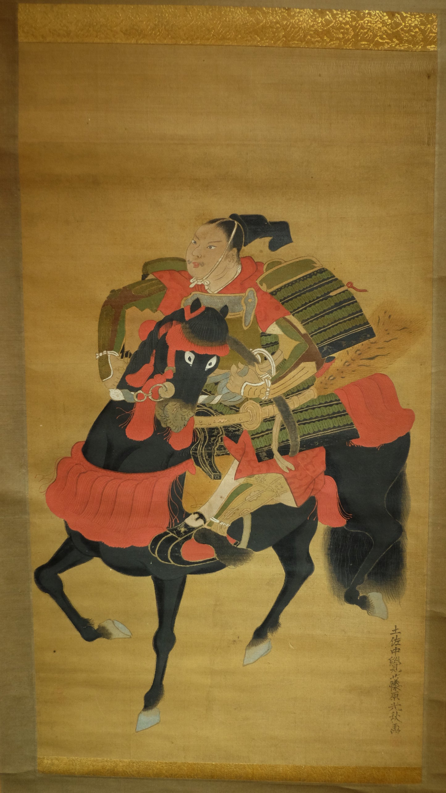 Antique Japanese Samurai Horse Scroll, Signed Tosa-Style Musha-e Painting, Edo Meiji Warrior Kakejiku