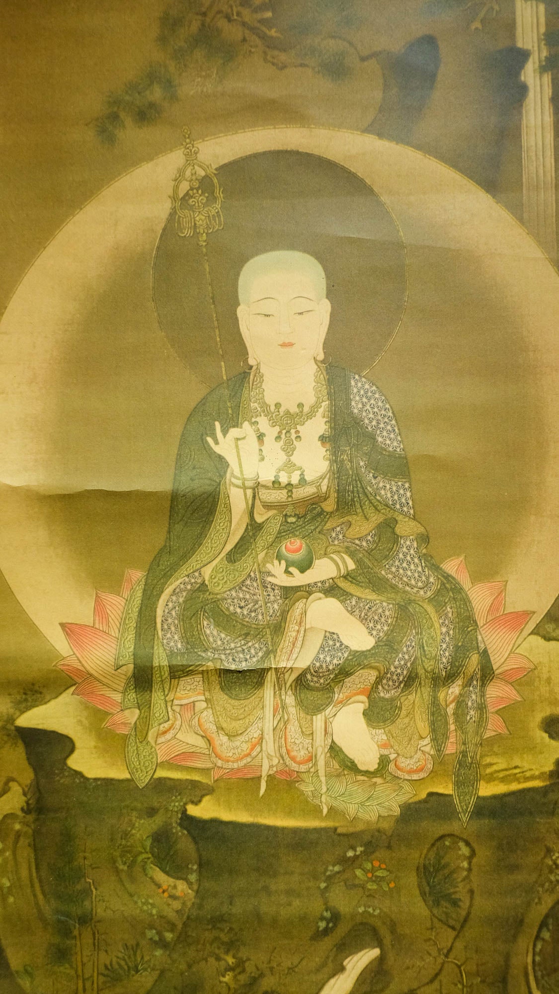 Antique Japanese Jizo Bosatsu Scroll | Ksitigarbha Buddhist Kakejiku | Edo–Meiji Silk Painting | Sacred Temple Art