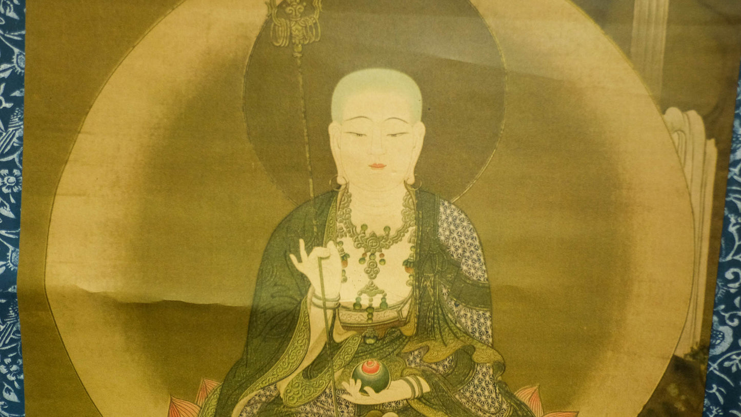 Antique Japanese Jizo Bosatsu Scroll | Ksitigarbha Buddhist Kakejiku | Edo–Meiji Silk Painting | Sacred Temple Art