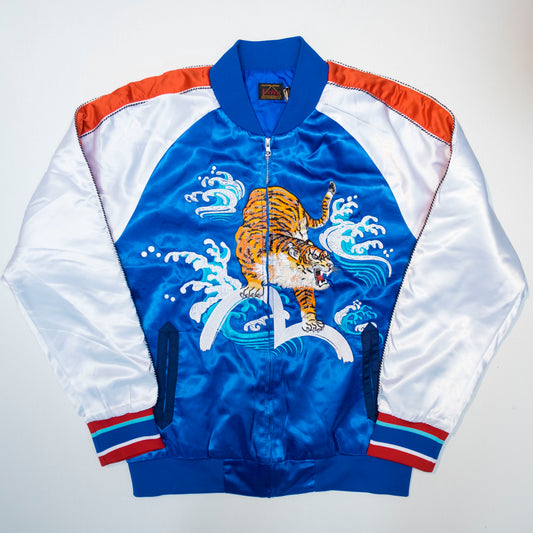EVISU Custom Made Sukajan Jacket Tiger & Waves Embroidery Blue Satin Souvenir Jacket