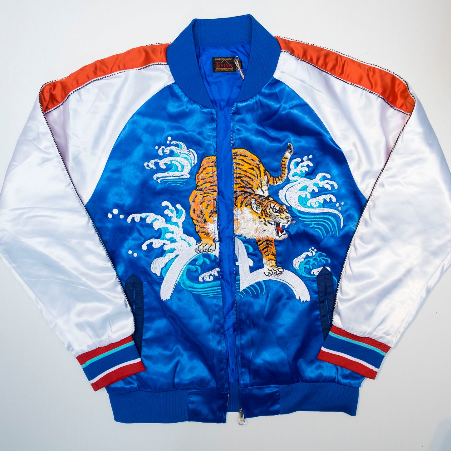EVISU Custom Made Sukajan Jacket Tiger & Waves Embroidery Blue Satin Souvenir Jacket