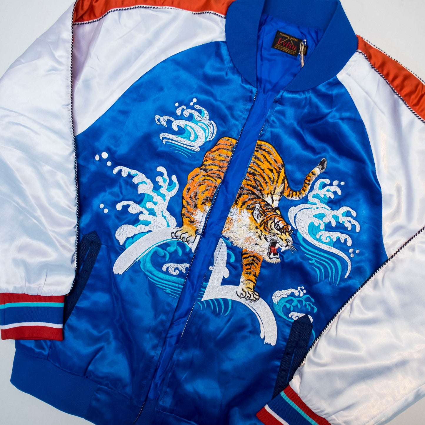 EVISU Custom Made Sukajan Jacket Tiger & Waves Embroidery Blue Satin Souvenir Jacket