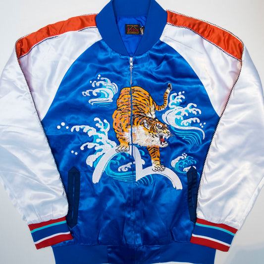 EVISU Custom Made Sukajan Jacket Tiger & Waves Embroidery Blue Satin Souvenir Jacket