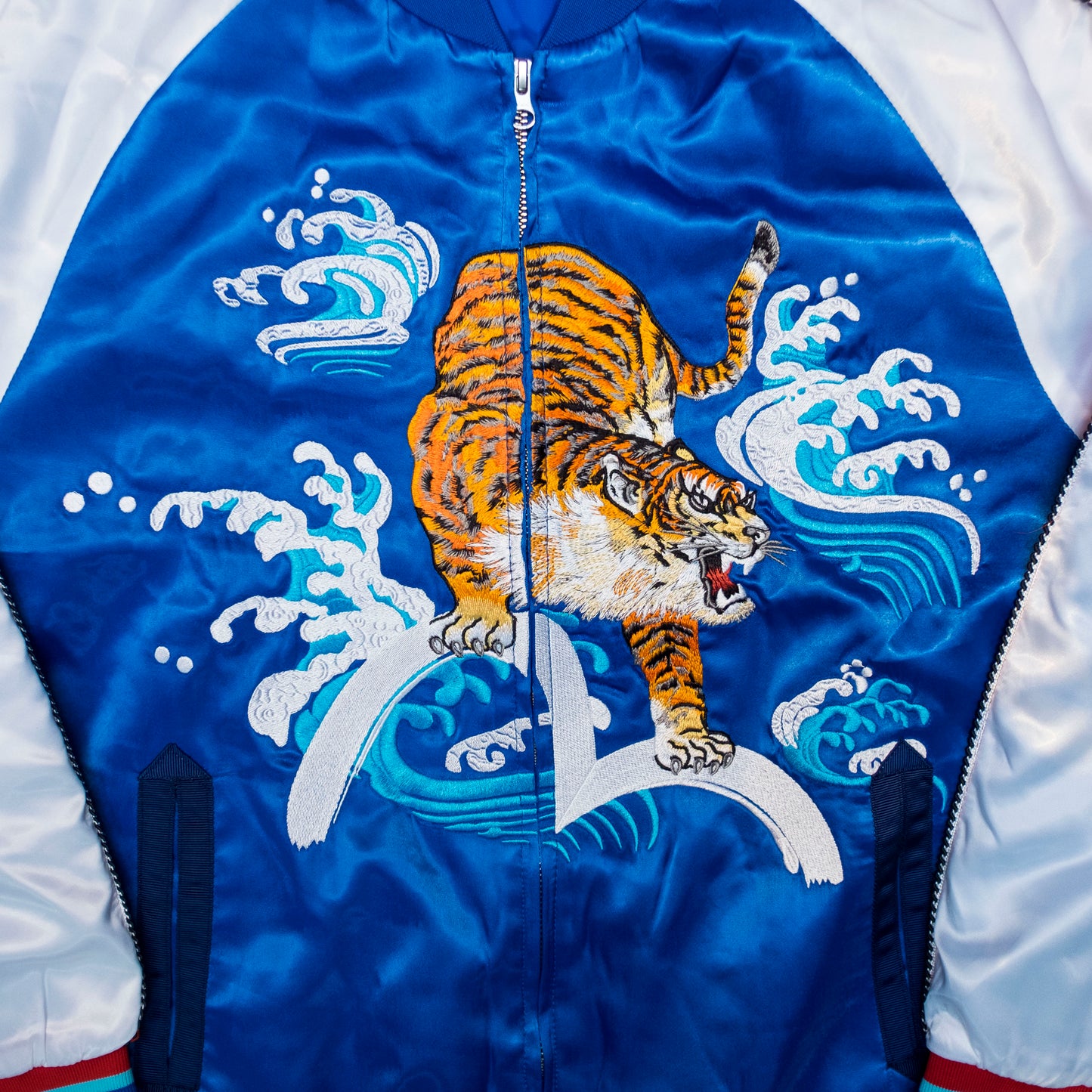 EVISU Custom Made Sukajan Jacket Tiger & Waves Embroidery Blue Satin Souvenir Jacket