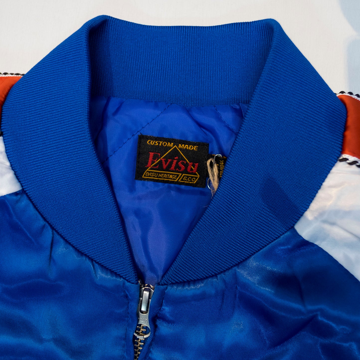 EVISU Custom Made Sukajan Jacket Tiger & Waves Embroidery Blue Satin Souvenir Jacket