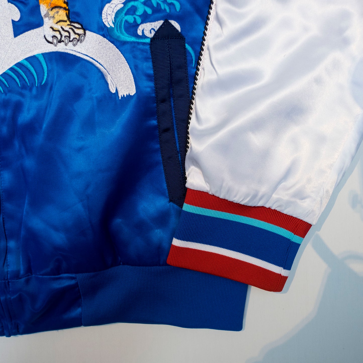 EVISU Custom Made Sukajan Jacket Tiger & Waves Embroidery Blue Satin Souvenir Jacket