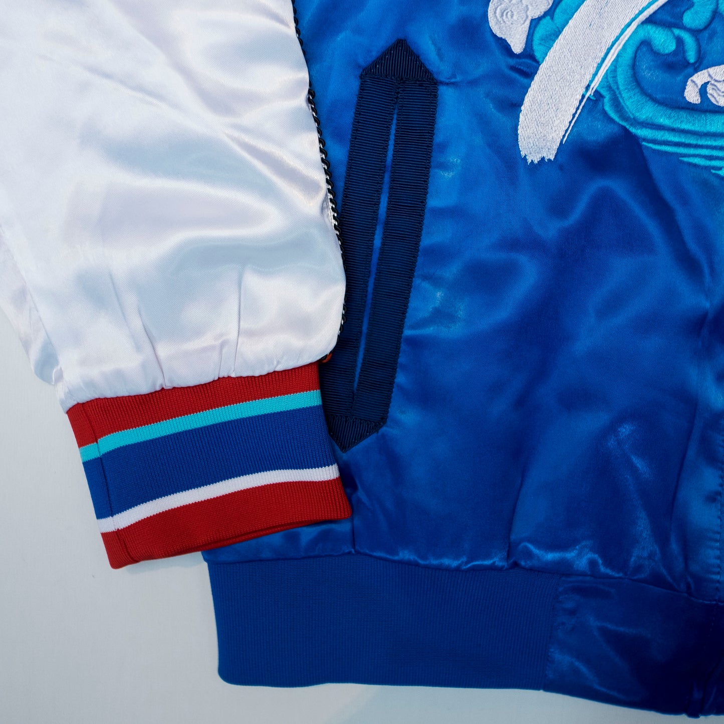 EVISU Custom Made Sukajan Jacket Tiger & Waves Embroidery Blue Satin Souvenir Jacket