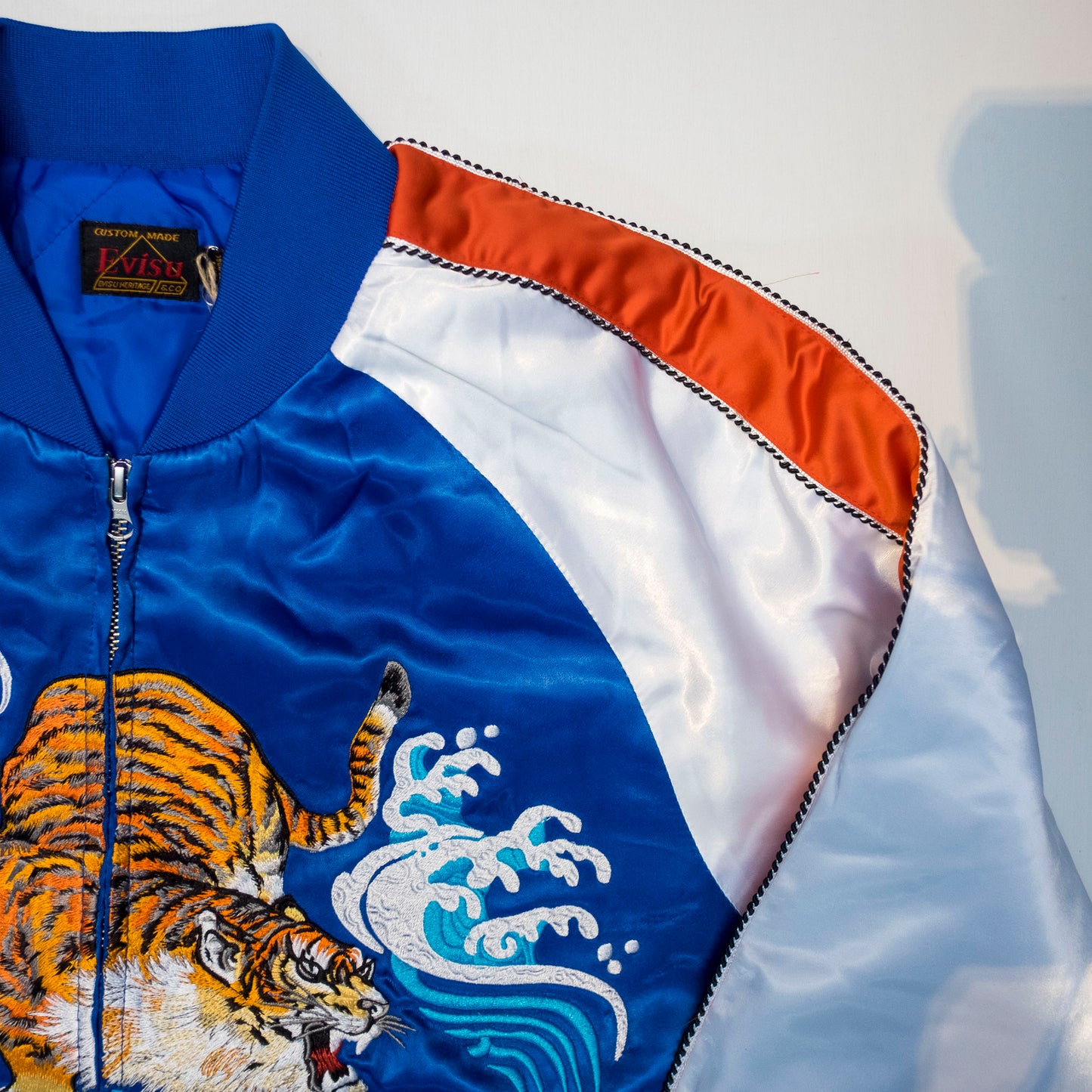 EVISU Custom Made Sukajan Jacket Tiger & Waves Embroidery Blue Satin Souvenir Jacket