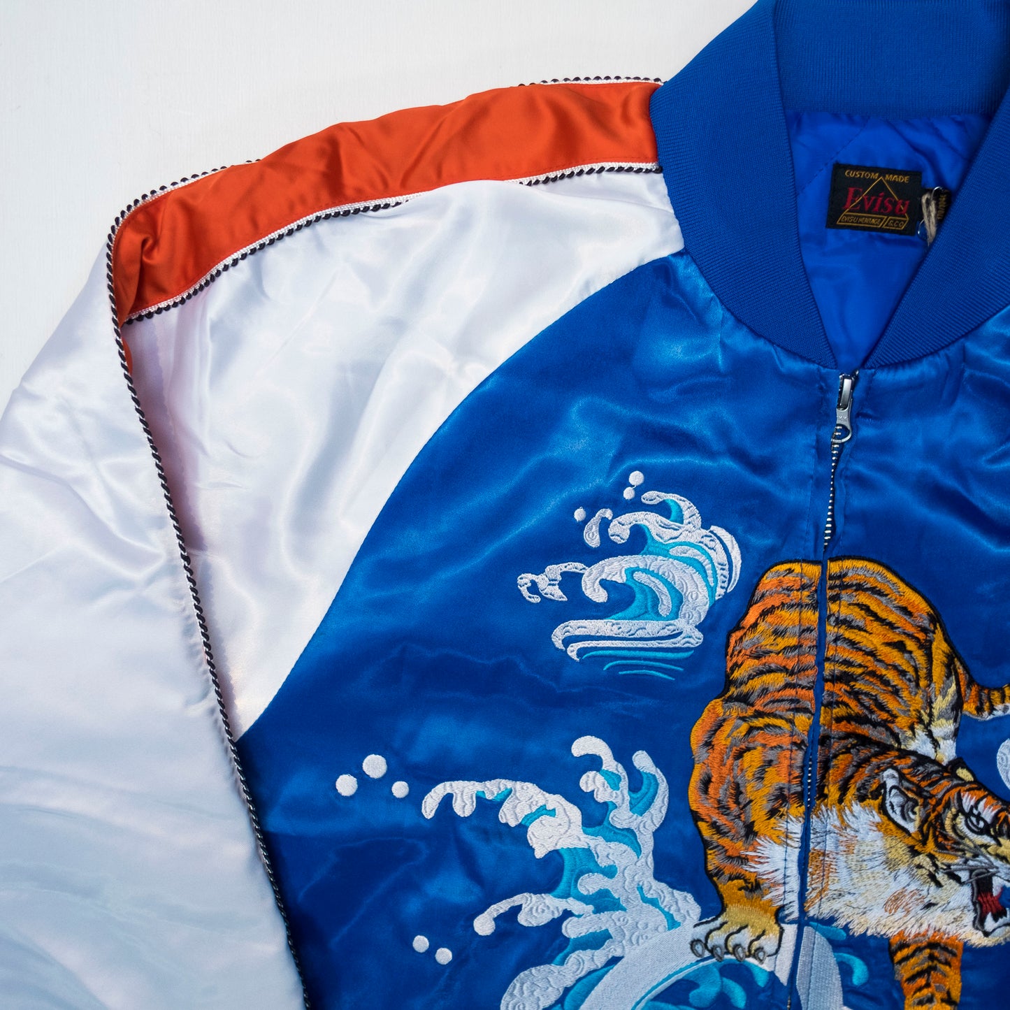 EVISU Custom Made Sukajan Jacket Tiger & Waves Embroidery Blue Satin Souvenir Jacket