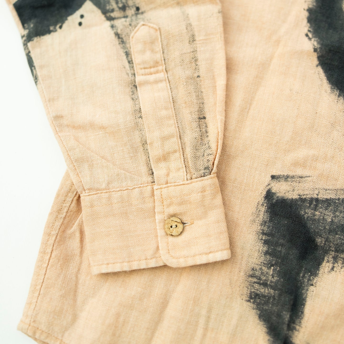 Vintage Japanese Sumi-e Calligraphy Brushstroke Shirt M / S-M – Beige Abstract Shodo Art Button Up, Zen Wabi Sabi Wearable Art