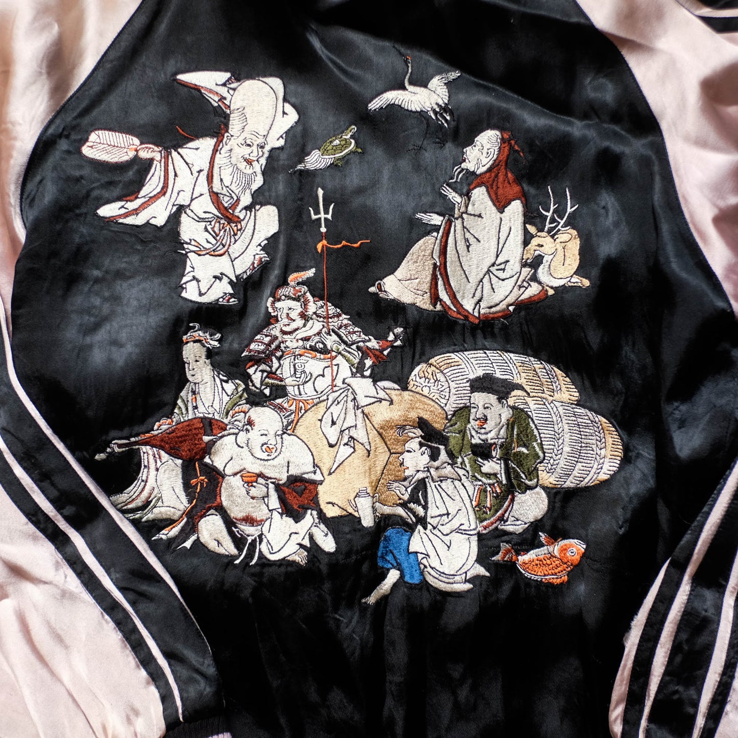 Japanese Seven Lucky Gods Sukajan Jacket Size L | Reversible Floral & Shichifukujin Souvenir Bomber