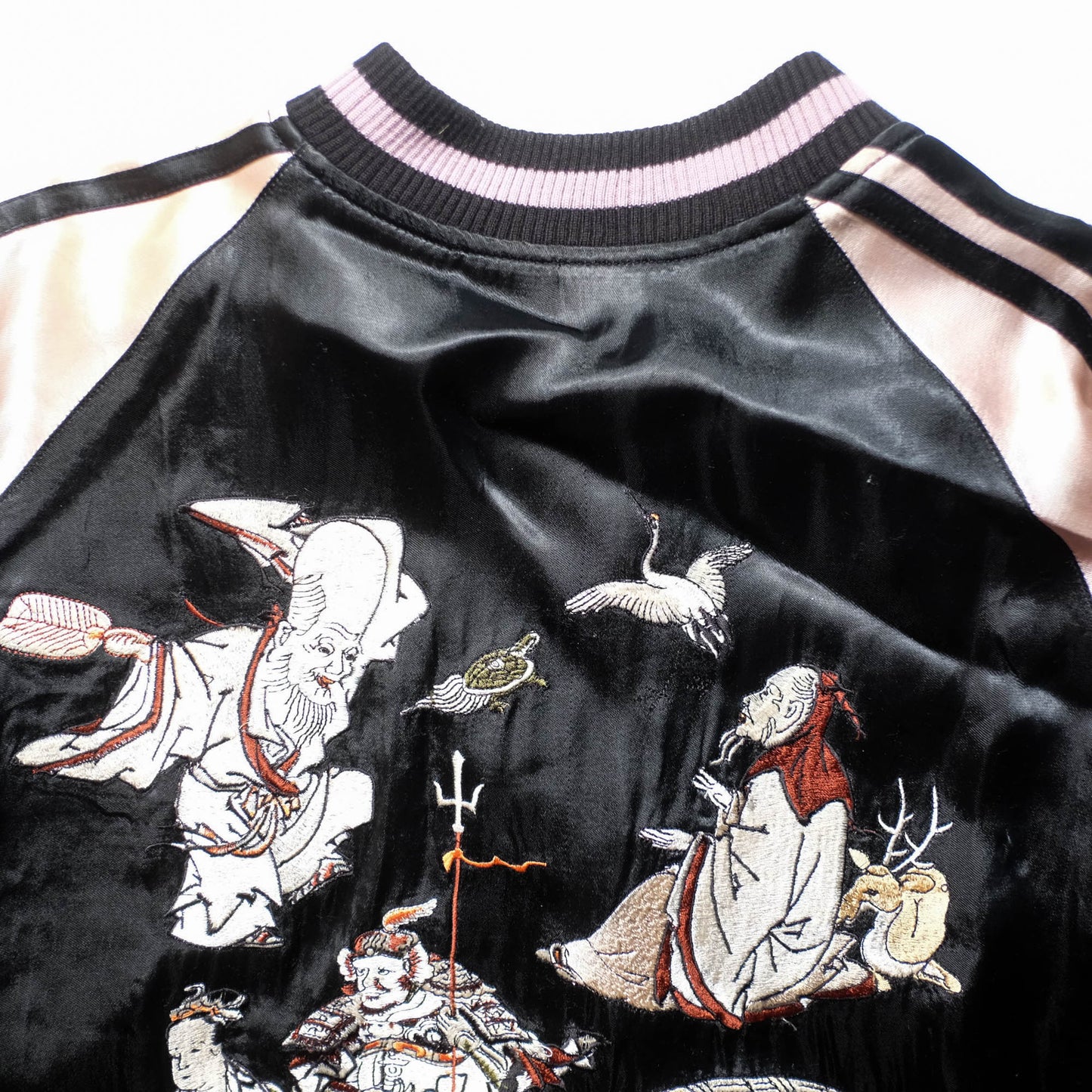 Japanese Seven Lucky Gods Sukajan Jacket Size L | Reversible Floral & Shichifukujin Souvenir Bomber