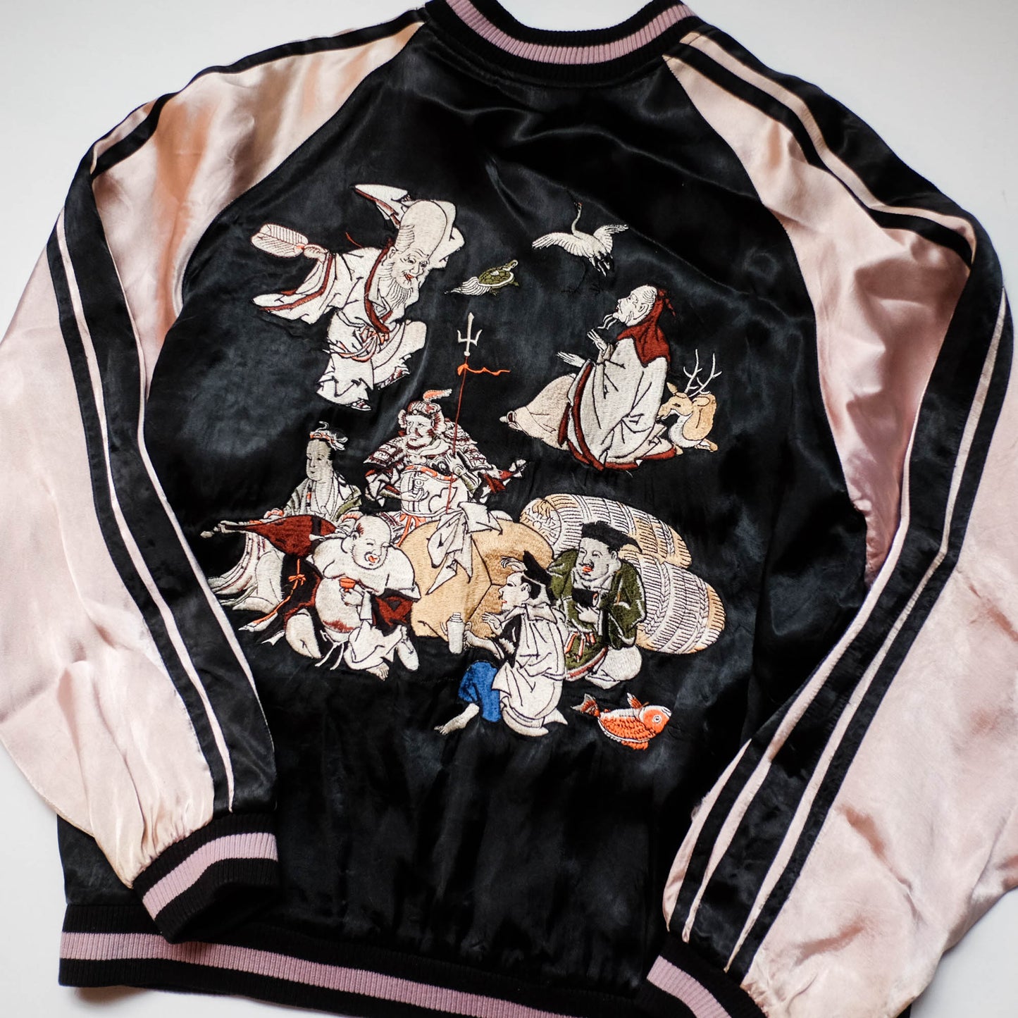 Japanese Seven Lucky Gods Sukajan Jacket Size L | Reversible Floral & Shichifukujin Souvenir Bomber