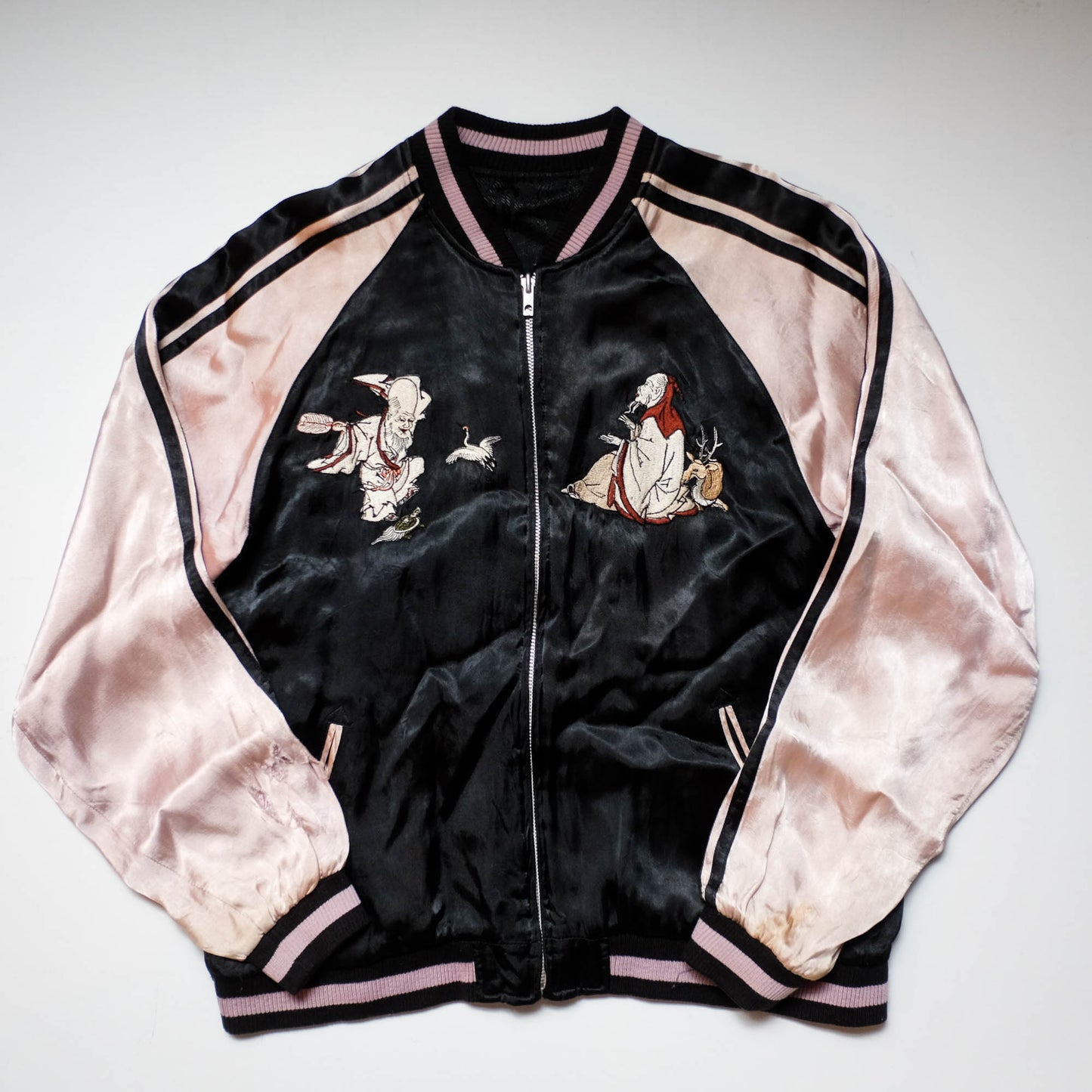 Japanese Seven Lucky Gods Sukajan Jacket Size L | Reversible Floral & Shichifukujin Souvenir Bomber