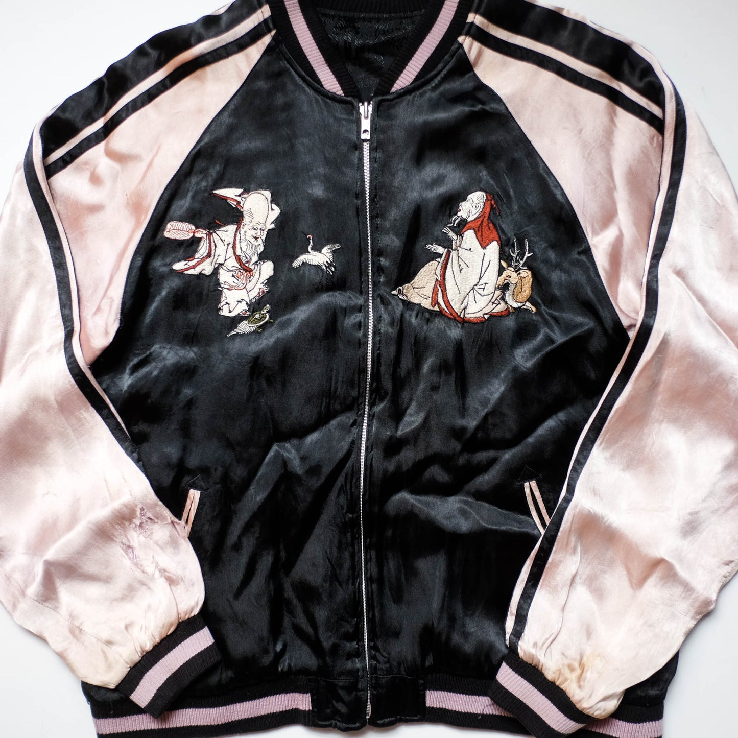 Japanese Seven Lucky Gods Sukajan Jacket Size L | Reversible Floral & Shichifukujin Souvenir Bomber