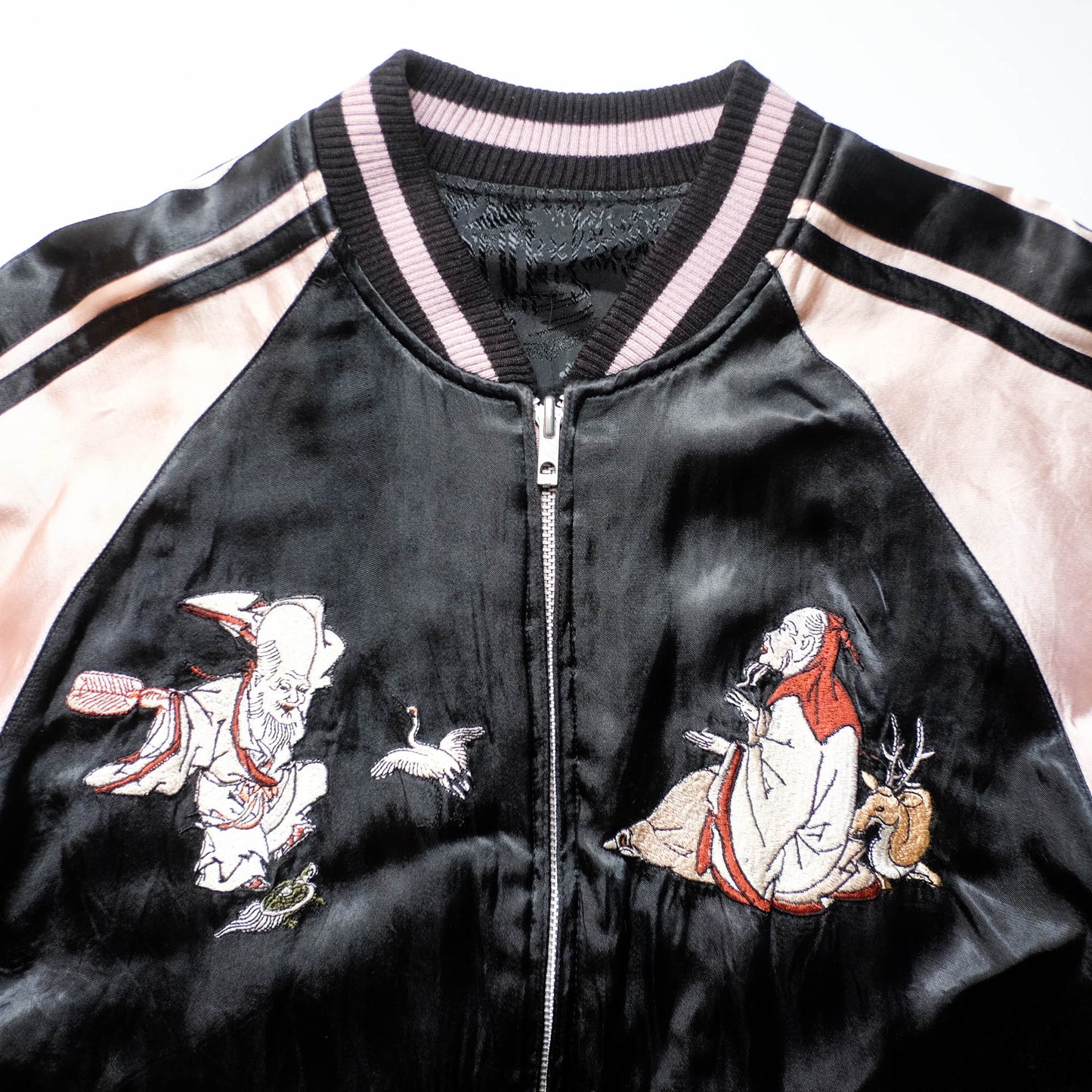 Japanese Seven Lucky Gods Sukajan Jacket Size L | Reversible Floral & Shichifukujin Souvenir Bomber