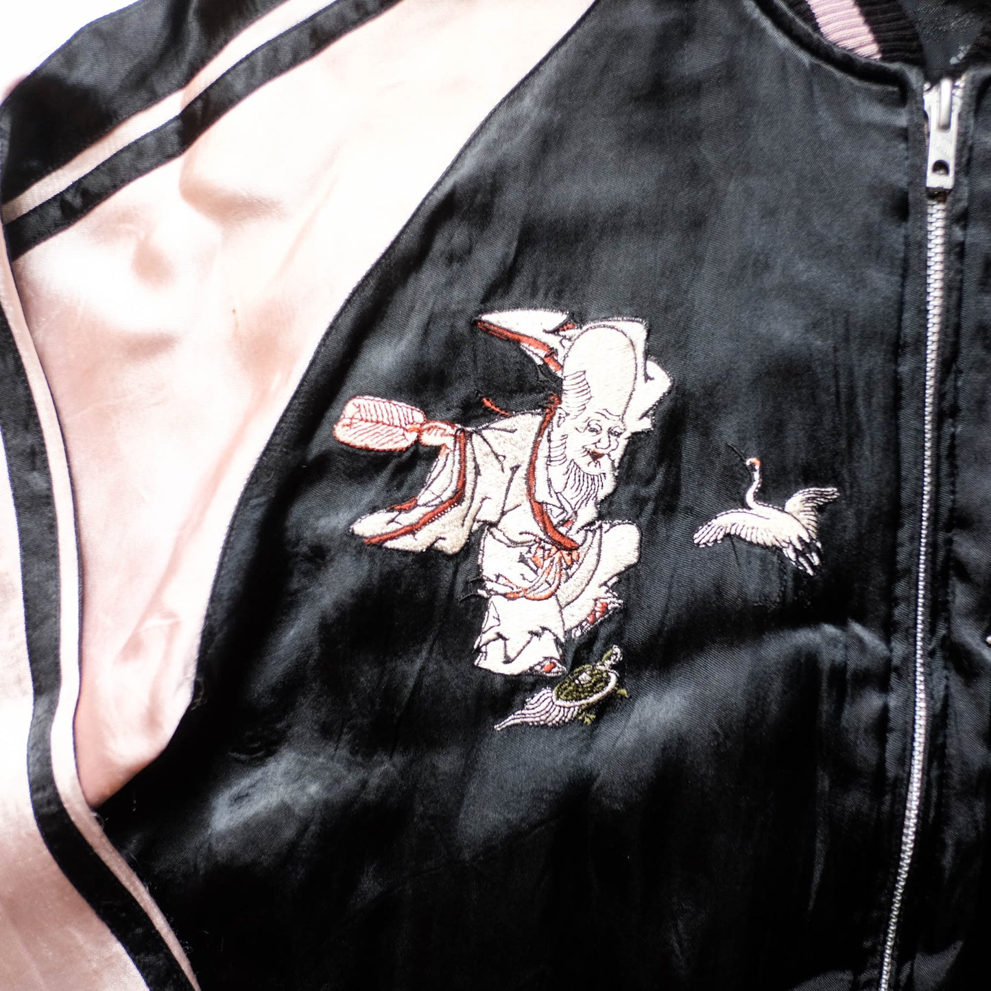 Japanese Seven Lucky Gods Sukajan Jacket Size L | Reversible Floral & Shichifukujin Souvenir Bomber