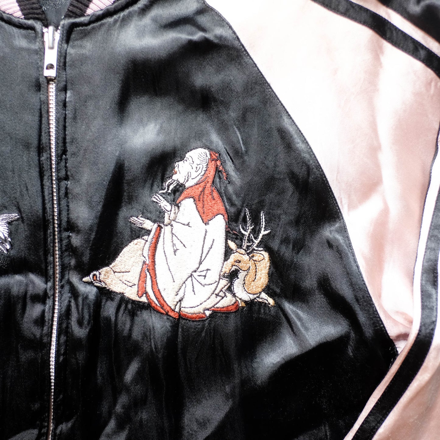 Japanese Seven Lucky Gods Sukajan Jacket Size L | Reversible Floral & Shichifukujin Souvenir Bomber