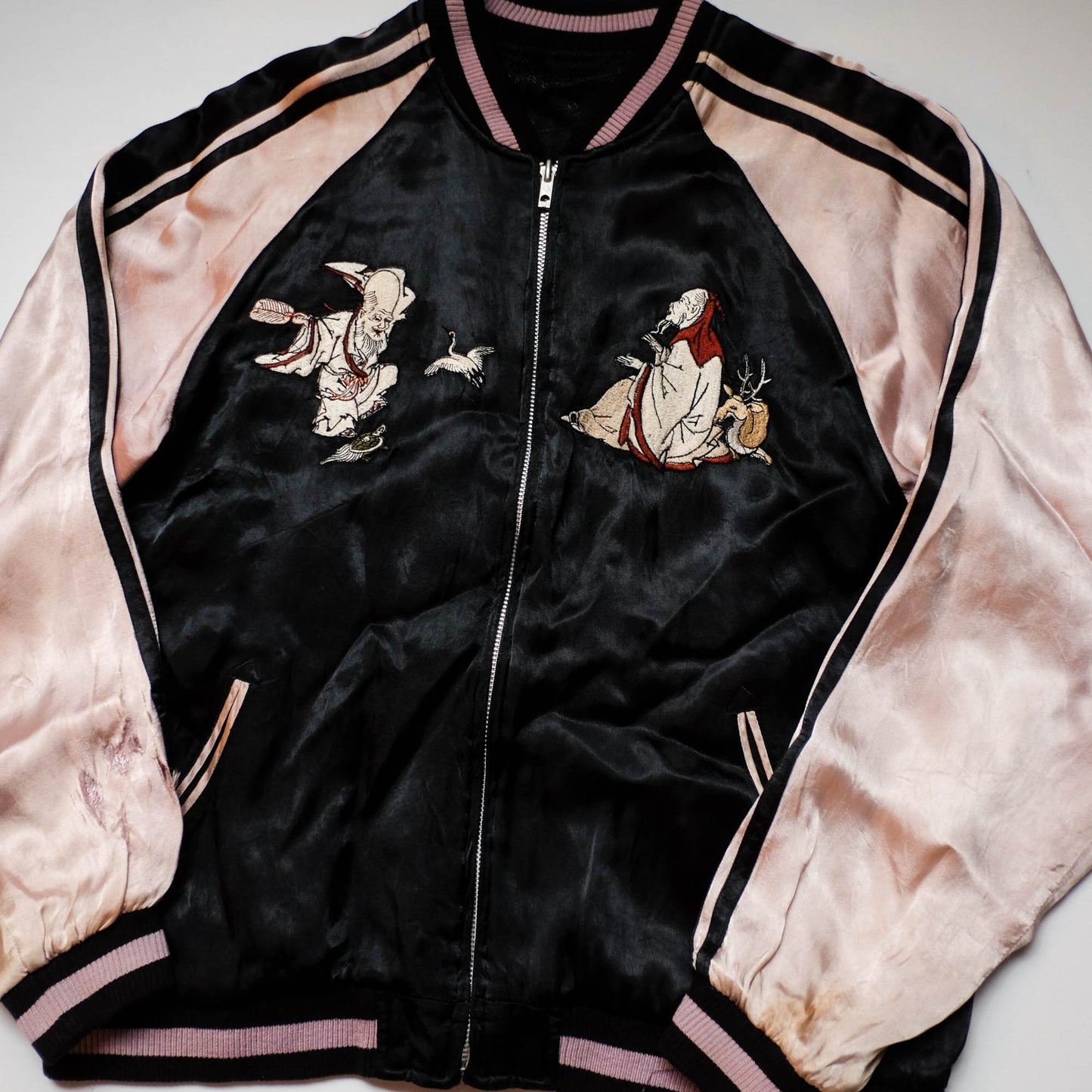 Japanese Seven Lucky Gods Sukajan Jacket Size L | Reversible Floral & Shichifukujin Souvenir Bomber