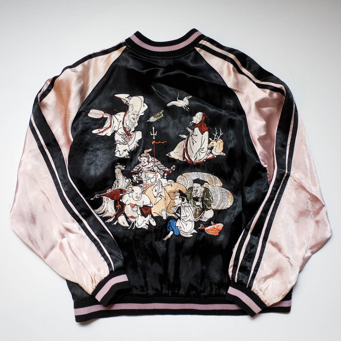 Japanese Seven Lucky Gods Sukajan Jacket Size L | Reversible Floral & Shichifukujin Souvenir Bomber